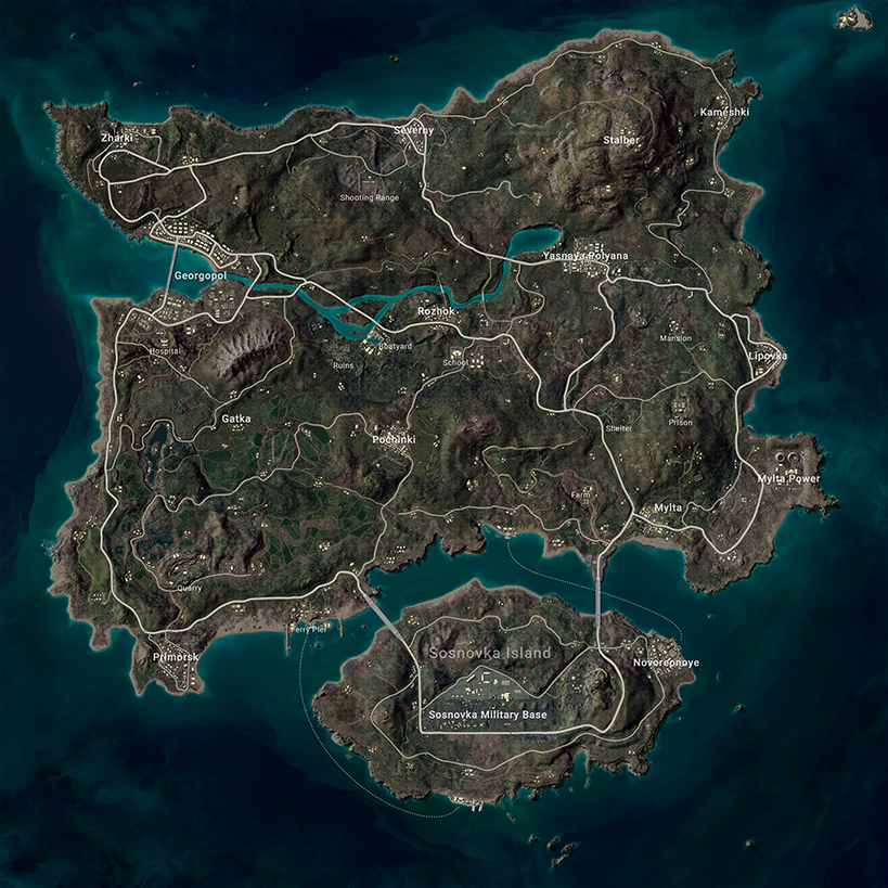 Real Erangel map showing Zharki, Georgopol, Pochinki, School, Yasnaya Polyana and Sosnovka Military Base